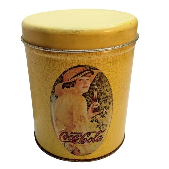 Vintage Coca Cola Tin Canister Yellow Lady Holding Coke Lidded Retro 1980s - Picture 2 of 11